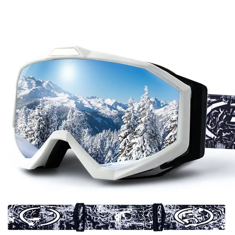 Motorcycle goggles with double-layer construction in black frame with grey lens, showing anti-fog design
