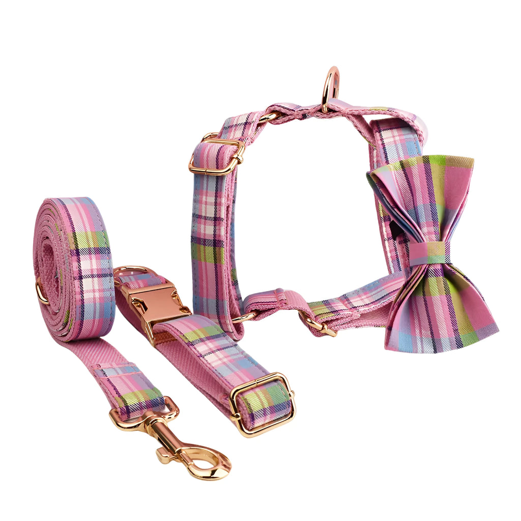 Cloth dog collar and leash four-piece set with matching vest and bow accessories in multiple size options