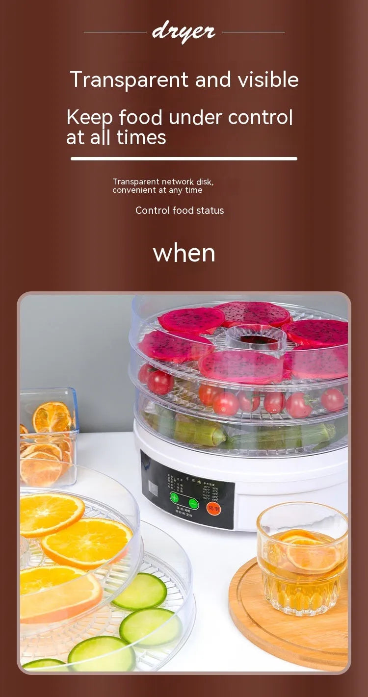 Five-layer food dehydrator with mesh drying trays and temperature control dial for home food preservation