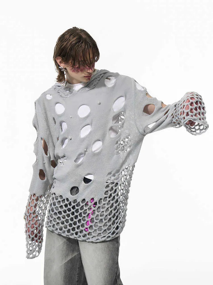 Black men's hooded sweater with pearl decorative details, loose fit design for spring wear