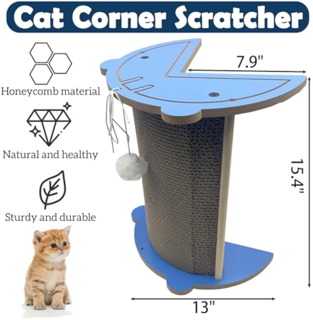 White corner cat scratcher with replaceable cardboard pad and hanging ball for furniture protection