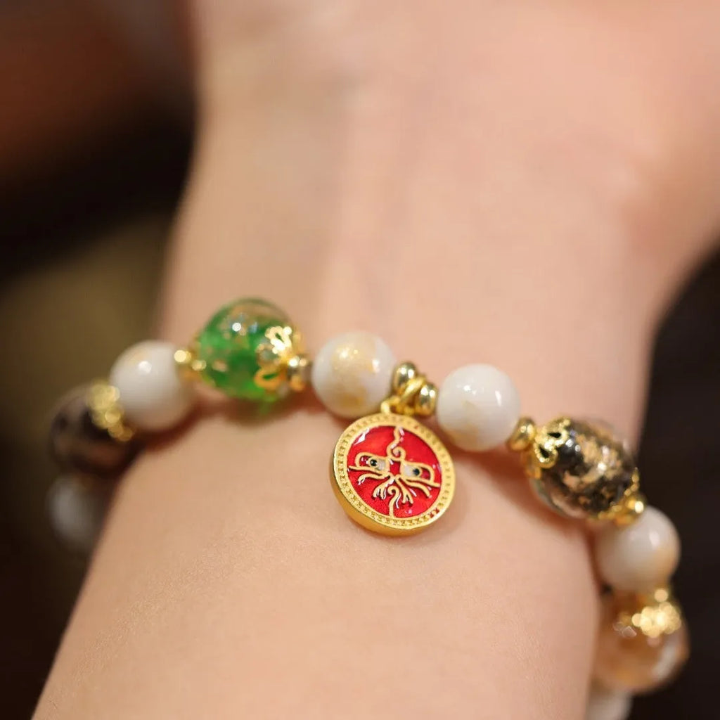Handmade Five Gods of Wealth glazed bracelet in geometric 10mm design