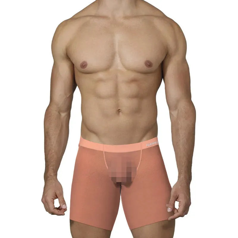 Men's low-waist ice silk boxers in orange, pink, or red solid colours, showing breathable nylon fabric