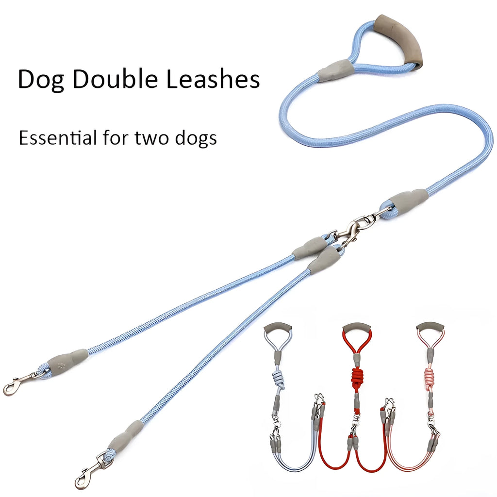 Double-headed dog leash for two small medium dogs with foam handle and metal buckles in multiple colour options