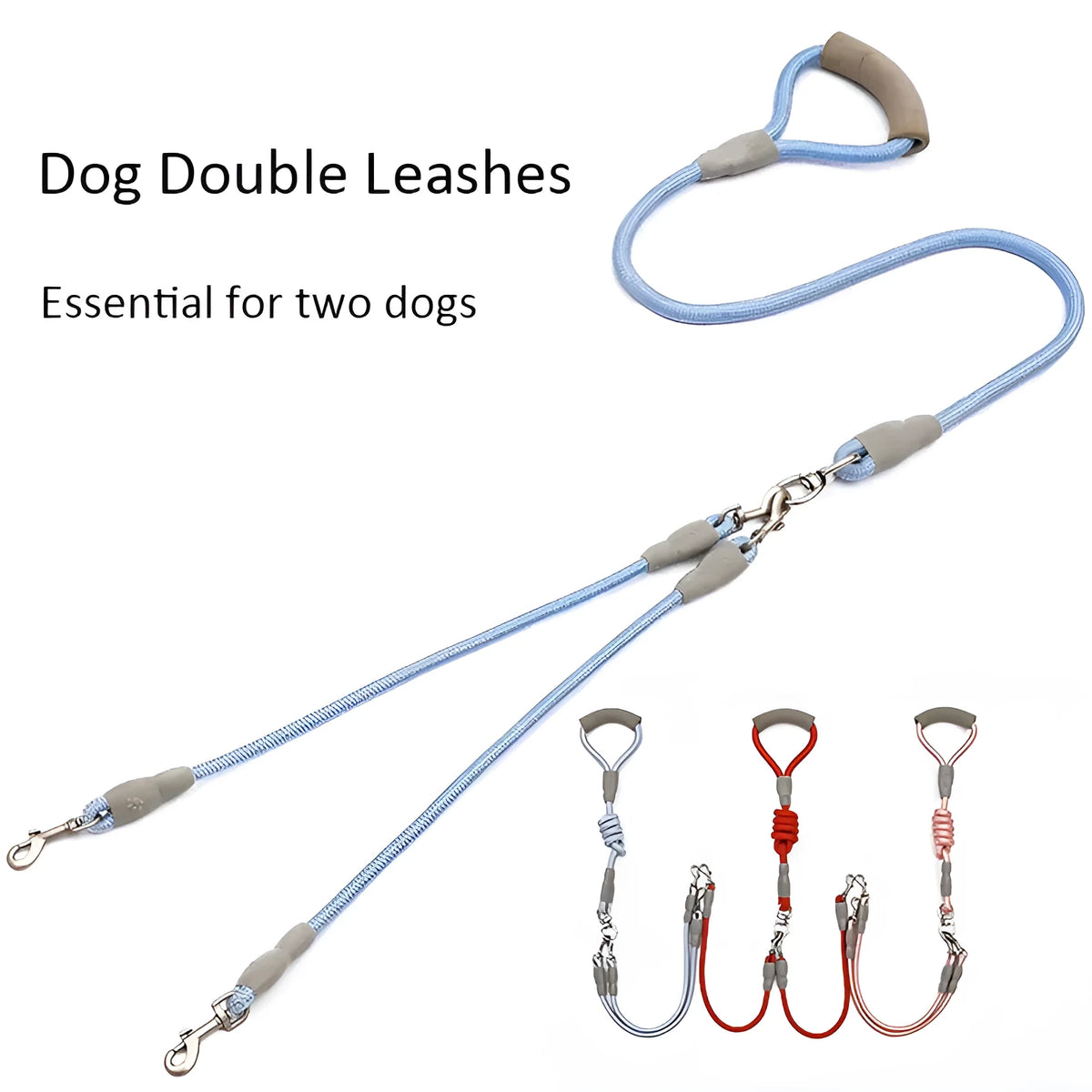 Double-headed dog leash for two small medium dogs with foam handle and metal buckles in multiple colour options