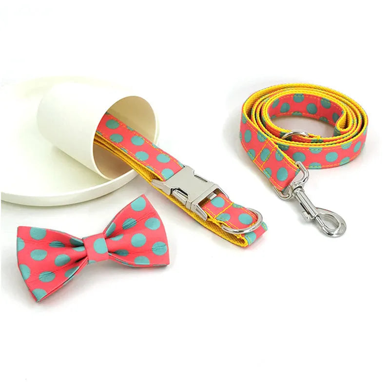 Yellow polka dot dog collar and lead rope set with bow detailing