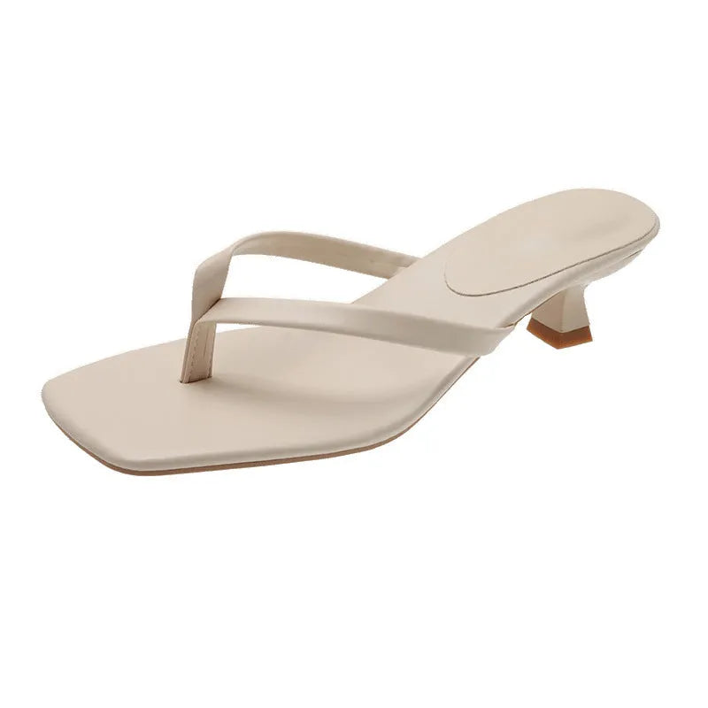 Women's square toe stiletto heel flip-flops with rubber sole in black, milky white or apricot
