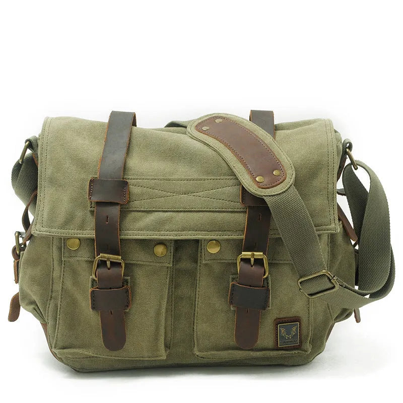 Men's canvas crossbody shoulder bag in Army Green with cowhide accents, showing internal compartments and flap design