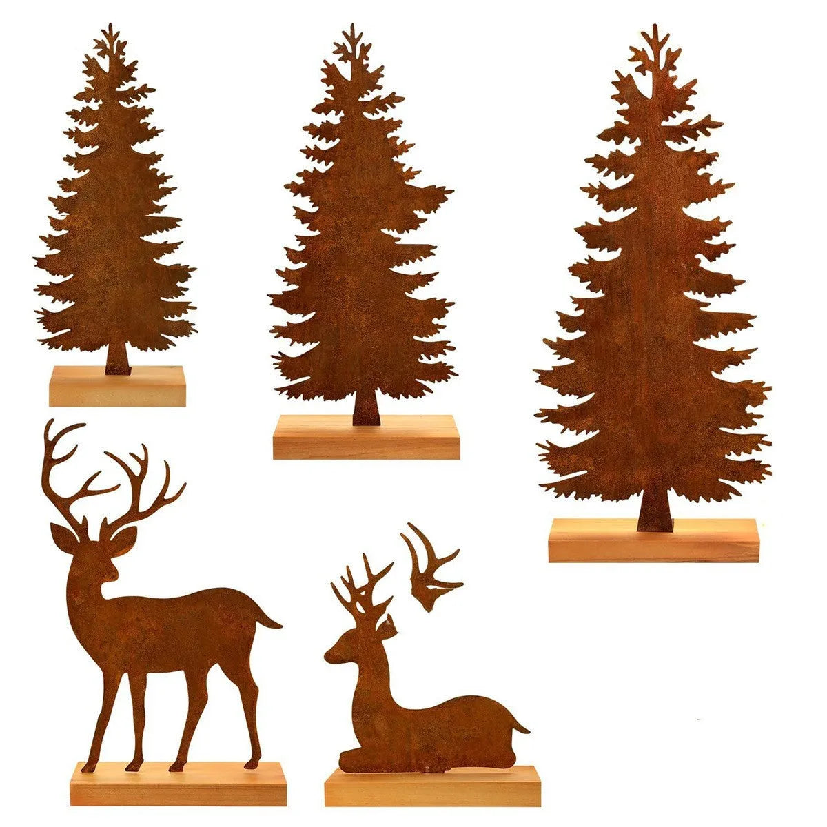 Three metal Christmas tree ornaments with elk designs, rusty iron finish, 15-25cm height