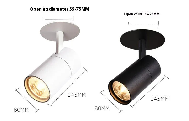 Black and white aluminium embedded cylinder track spotlight for recessed ceiling installation in 55-75mm hole.