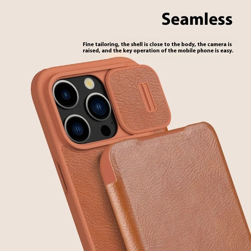 Imitation leather flip phone case for iPhone 15 and iPhone 14 Pro Max in black, brown, or red.