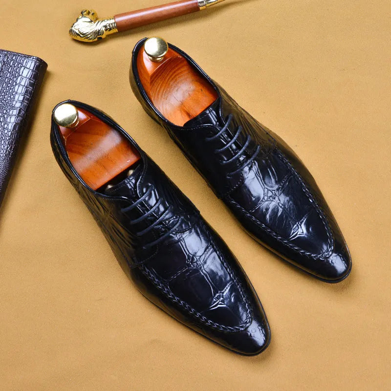 Men's black alligator pattern leather shoes with horse bit buckle and low rubber sole