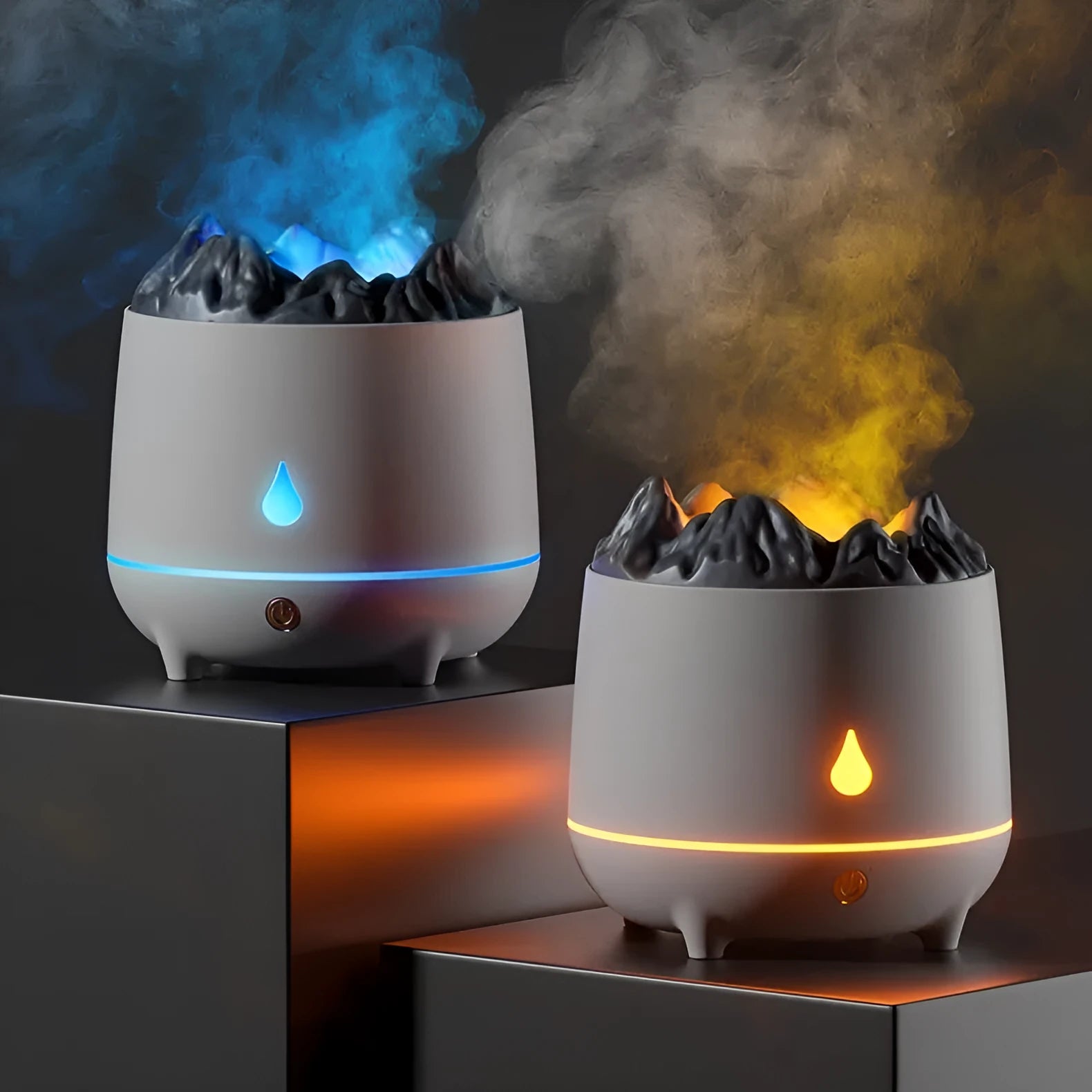 Volcano-shaped humidifier with flaming mountain design in white colour showing mist emission