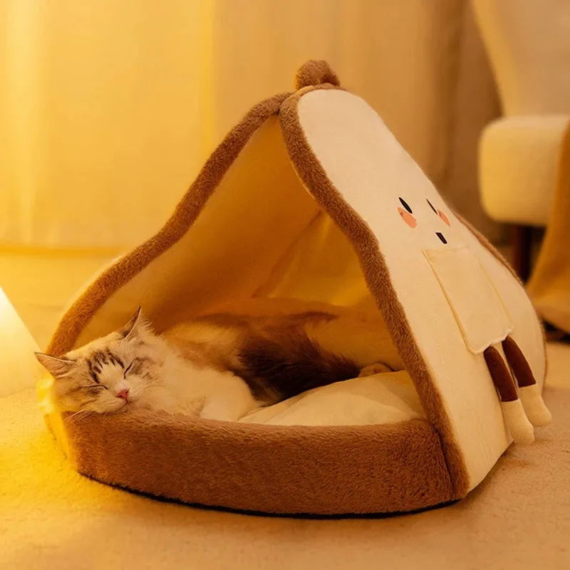 Green winter cat tent bed showing deep cave opening and soft interior, with size dimensions indicated