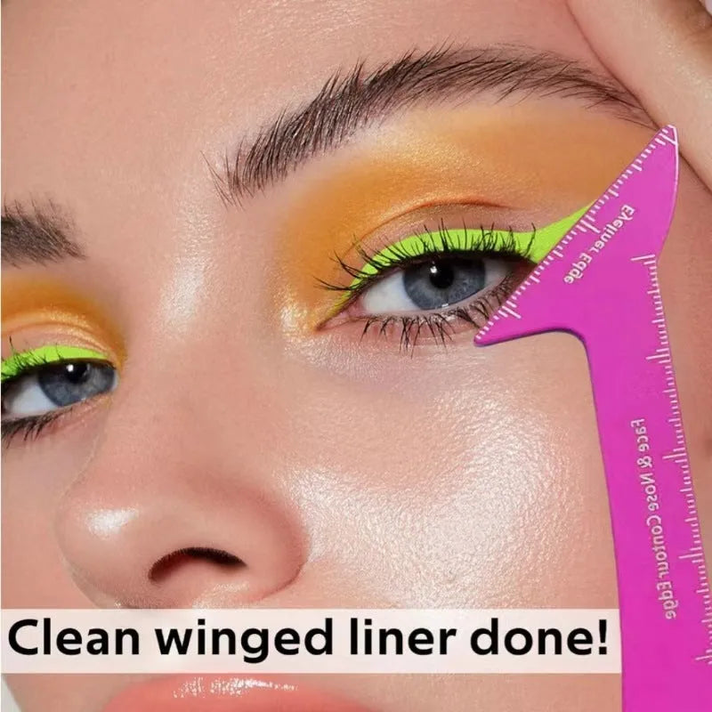 3-in-1 eyeliner stencils tool for hooded eyes, showing winged eyeliner, eyebrow, and face contour templates
