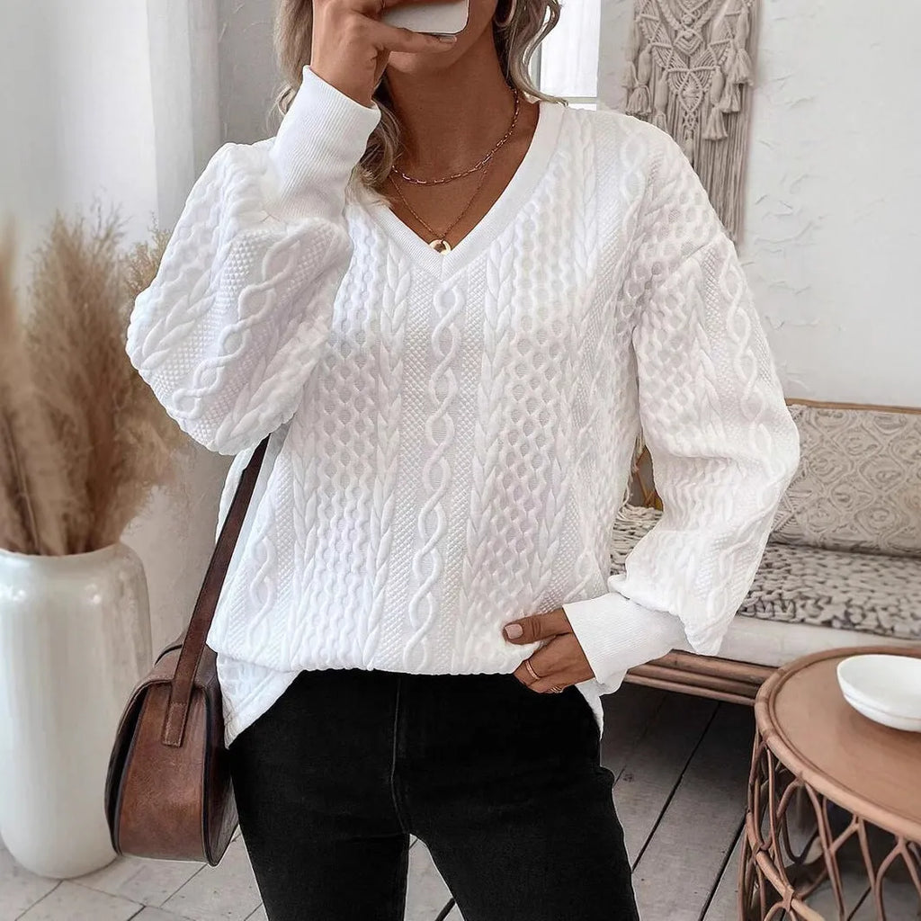 Milky White loose long sleeve T-shirt with 3D pattern, showing front view of polyester fabric and regular sleeves