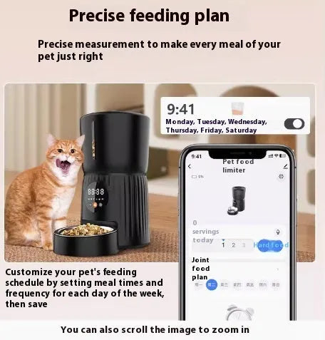 Black intelligent pet feeder with digital display showing feeding schedule, holding dry food
