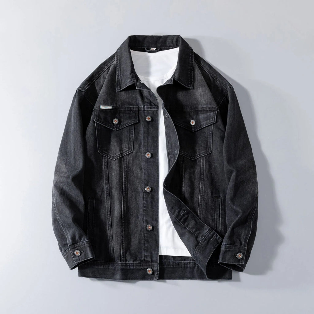 Men's heavy industry retro denim jacket in cotton, solid colour, sizes L to 7XL, dark blue and black options
