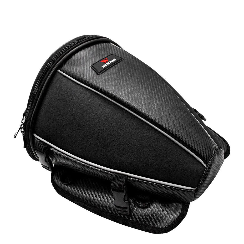 Black waterproof motorcycle tail seat bag with reflective strip and shoulder strap