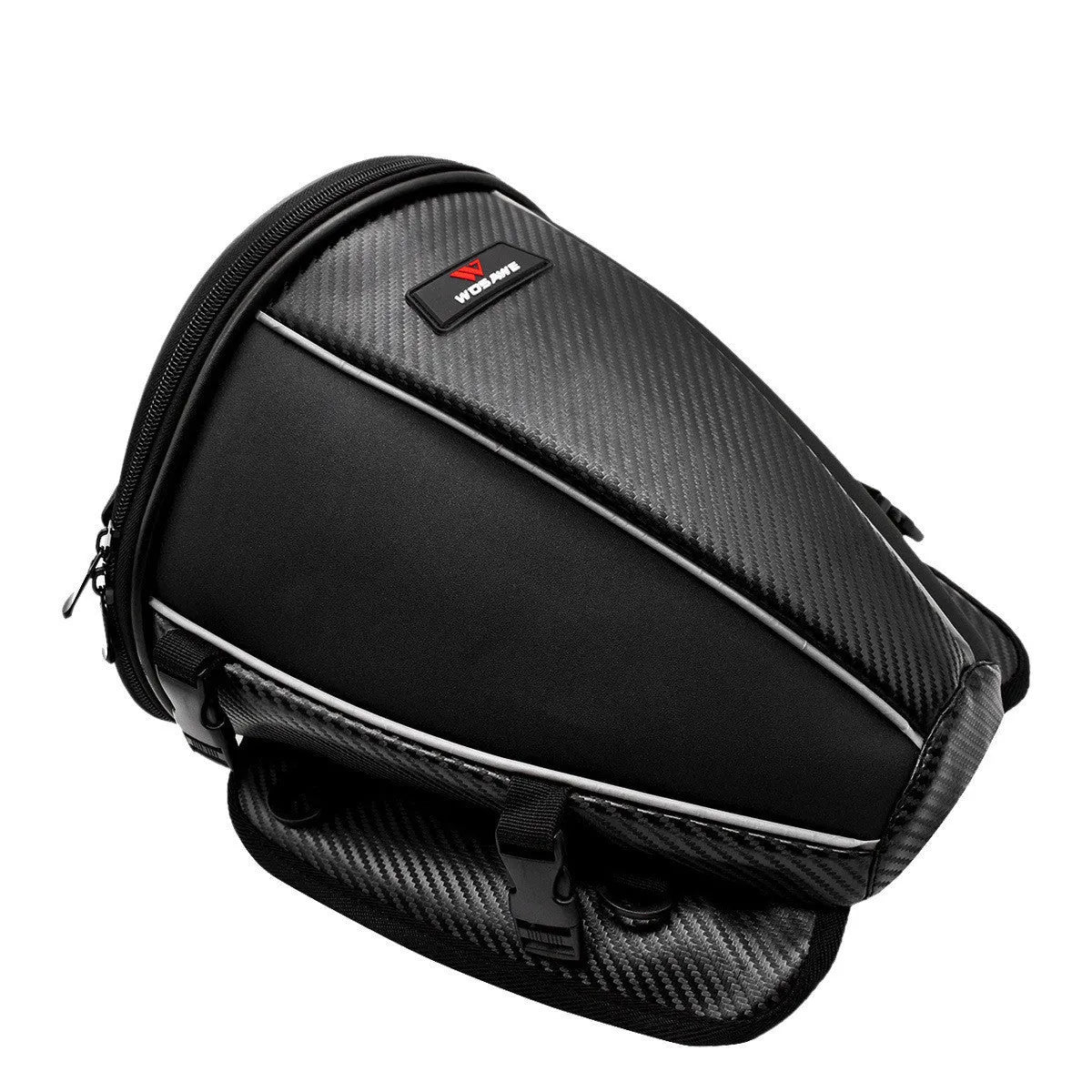 Black waterproof motorcycle tail seat bag with reflective strip and shoulder strap