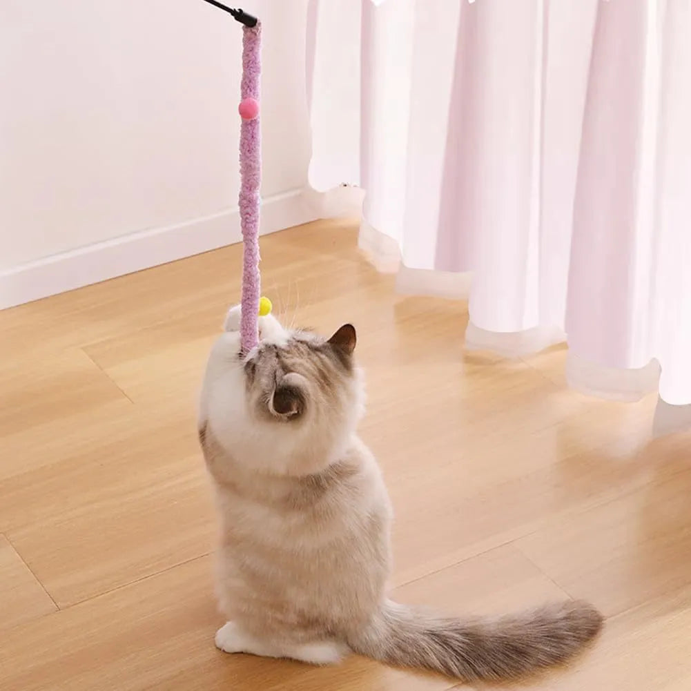 Cat wand toy with blue plush strip, colourful ball, and bells on a 41cm pole for interactive play