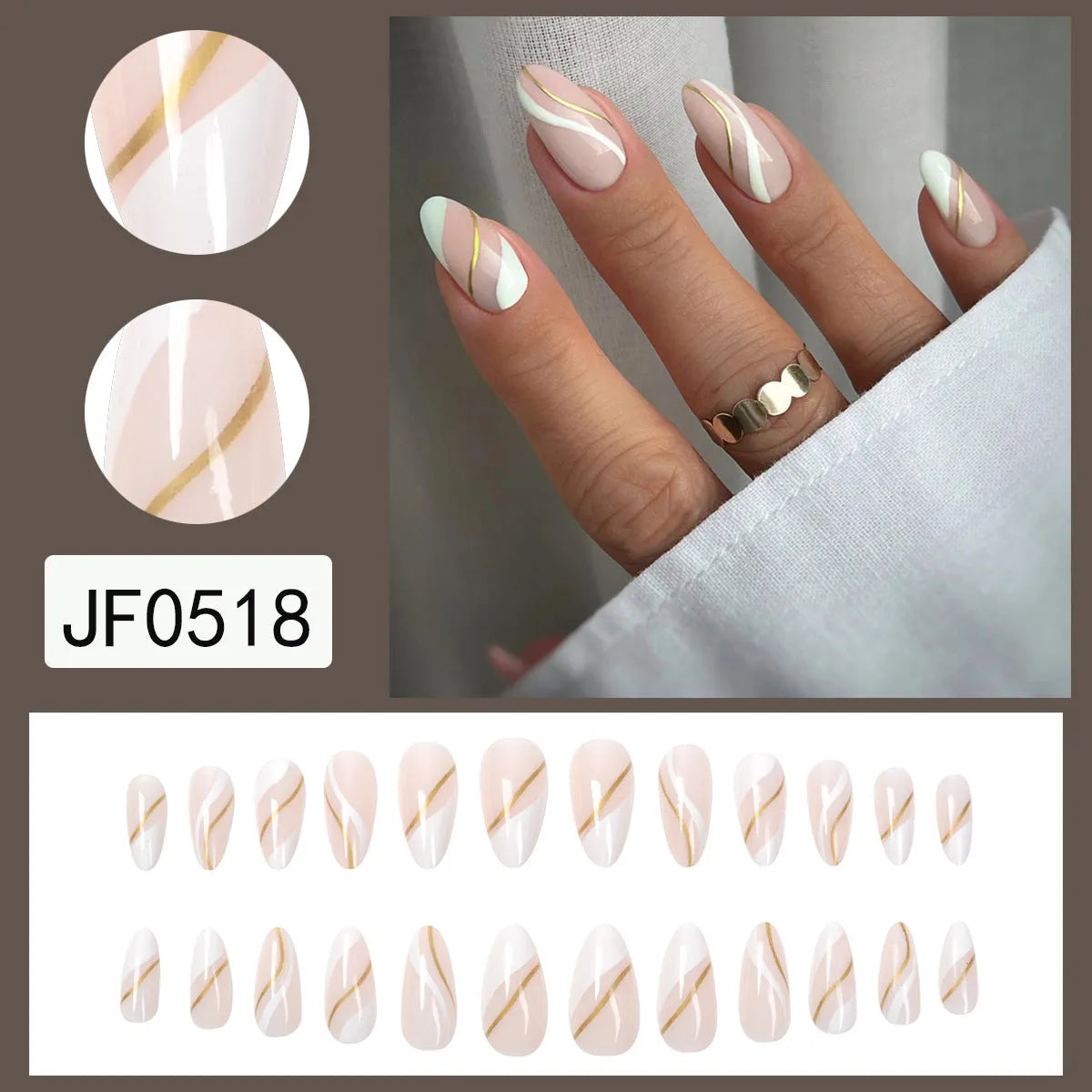 Set of plaid-patterned wearable nail stickers in medium drop shape with jelly glue colour.