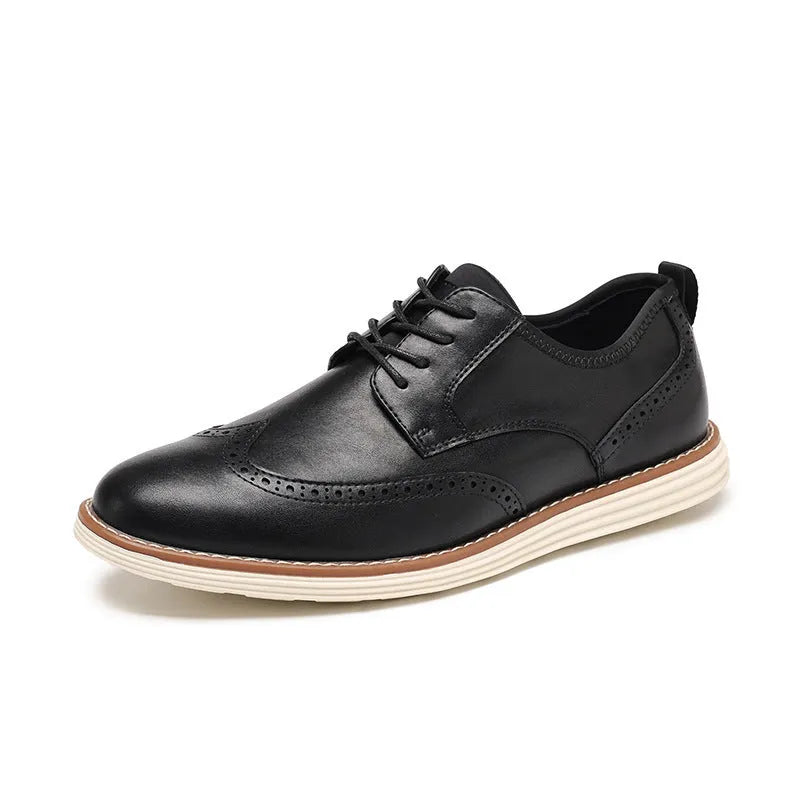 Men's black slip-on business casual shoes with round toe and low-top PU upper.