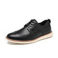 Men's black slip-on business casual shoes with round toe and low-top PU upper.
