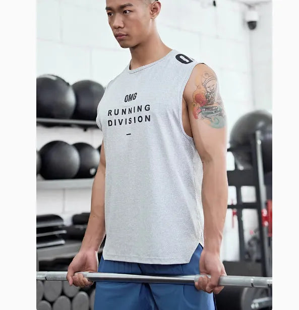Men's loose fit black mesh sports vest on a hanger, showing breathable fabric texture.
