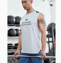 Men's loose fit black mesh sports vest on a hanger, showing breathable fabric texture.