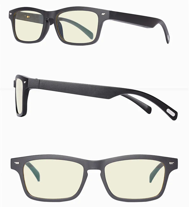 Smart glasses with PC+ABS frame, semi-open Bluetooth audio, and anti-blue light lenses for hands-free use.