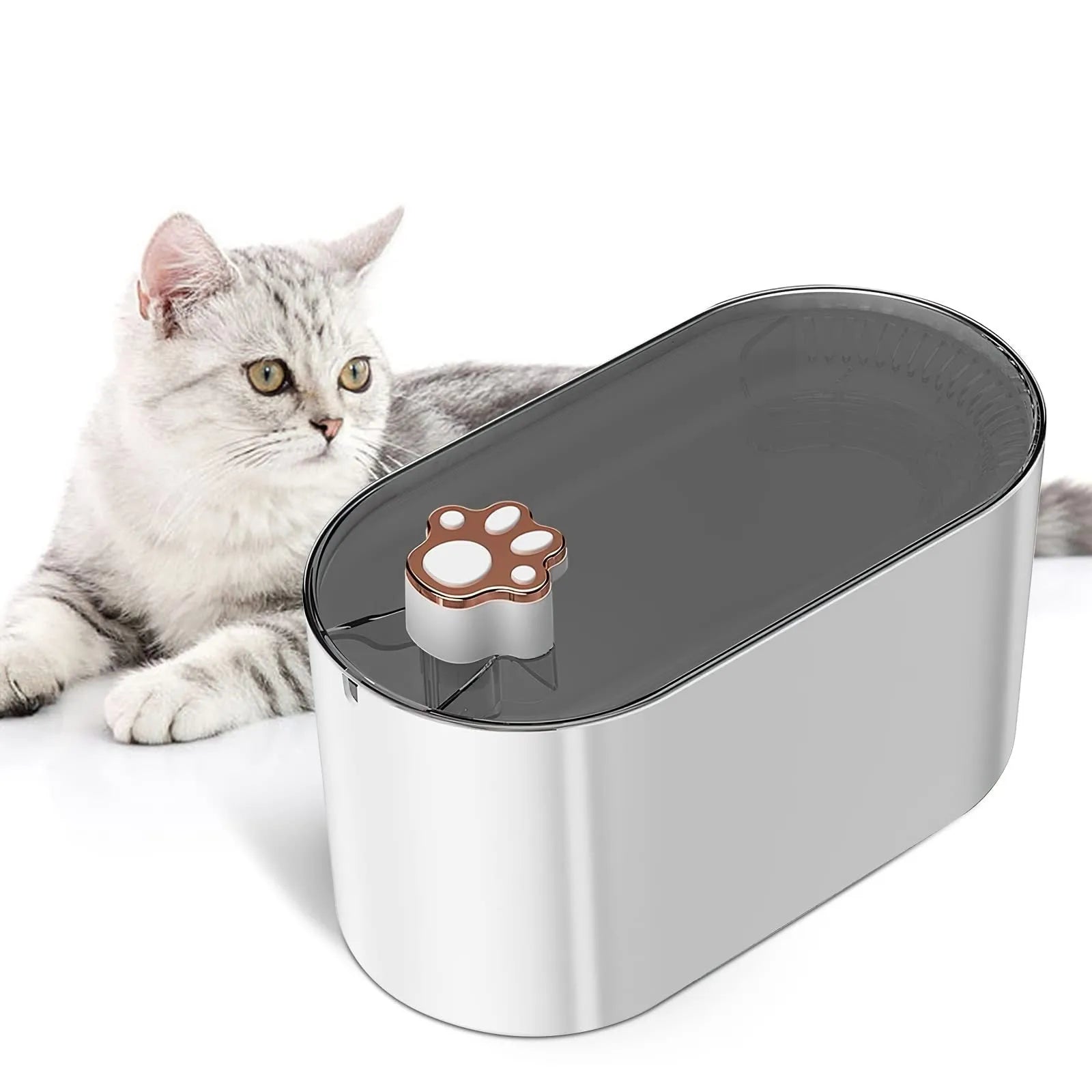 Berlin blue automatic cat water fountain with filter, LED light, and 3L capacity on a kitchen floor.
