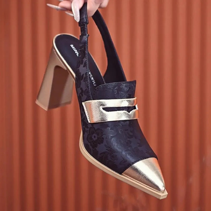 Korean style women's black strap sandals with chunky heel and pointed toe on a rubber sole.