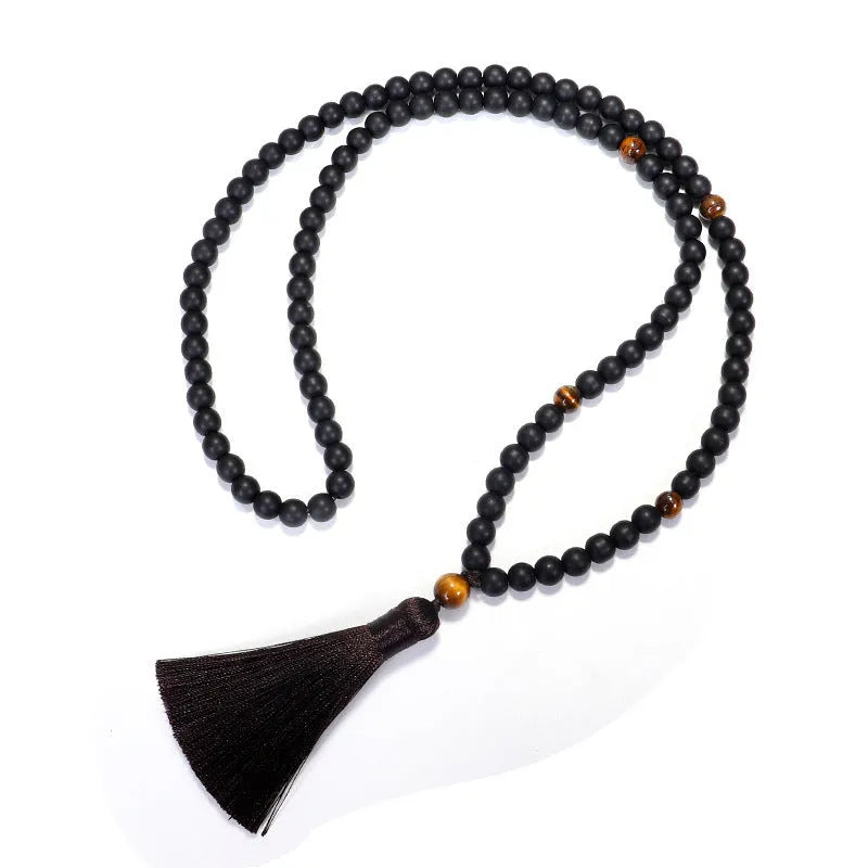 Tigereye stone beaded necklace and bracelet set with tassel pendant on adjustable cord
