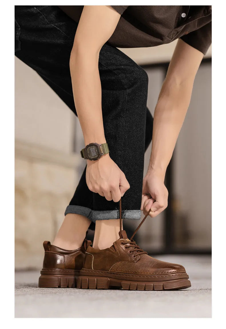 Men's black and brown genuine leather platform lace-up shoes with a low rubber sole.
