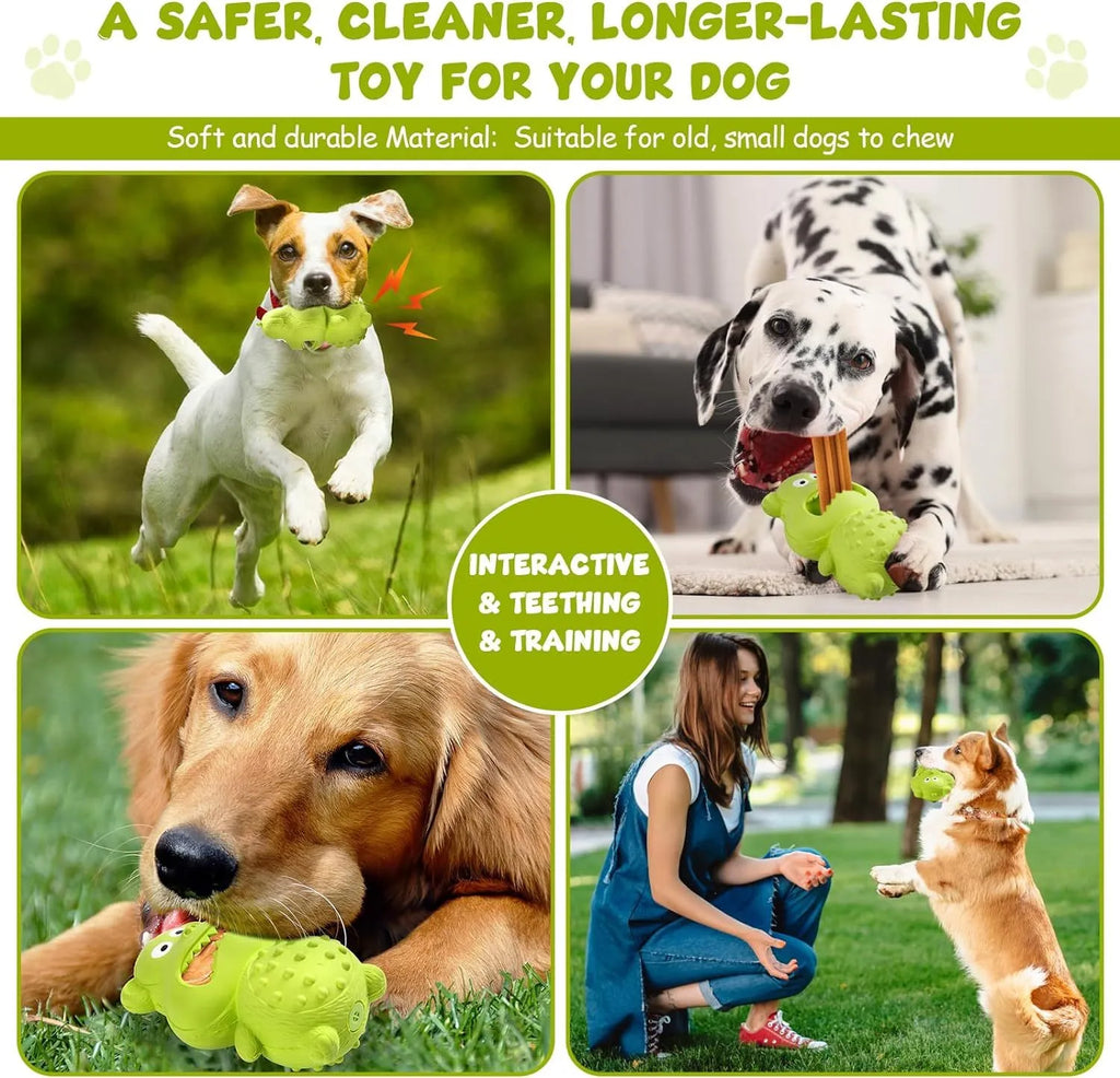 Green and yellow natural rubber squeaky dog toy for aggressive chewers with 30% thicker construction