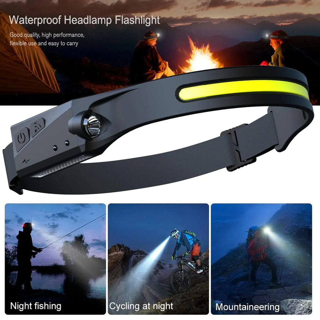 Black silicone USB rechargeable headlamp with a wide LED beam and side wave sensor for outdoor use.