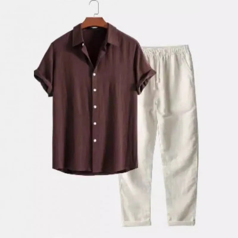 Men's loose fit linen blend shirt and trousers set in various colours, showing short sleeves and casual style