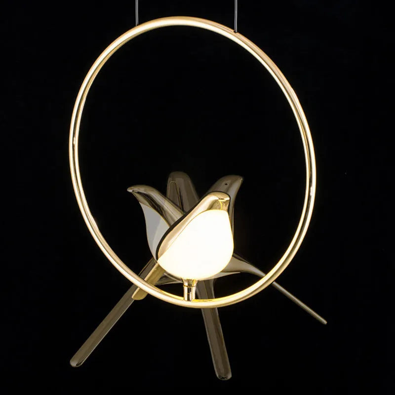 Modern minimalist magpie bird chandelier with LED lighting, measuring 35cm long by 150cm high
