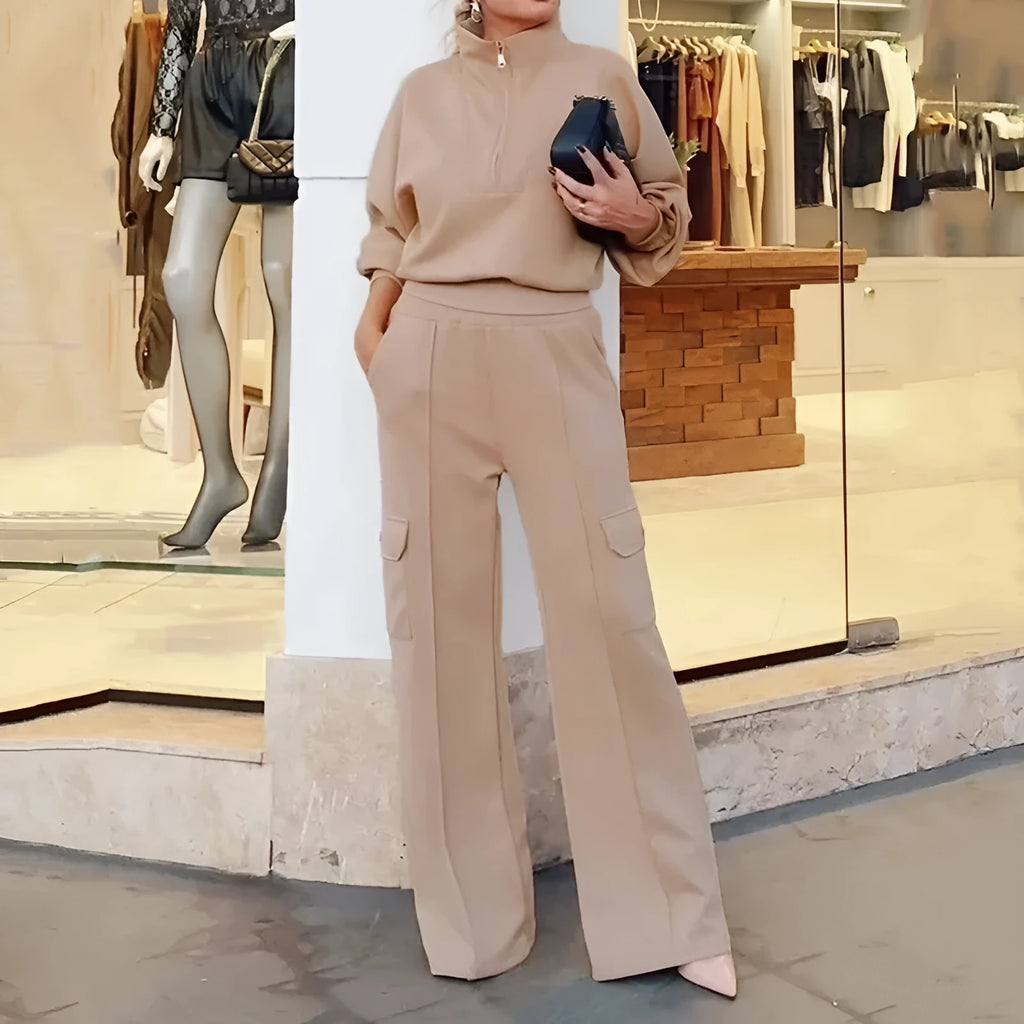 Women's light camel lapel collar top and wide leg trousers two-piece work clothes set