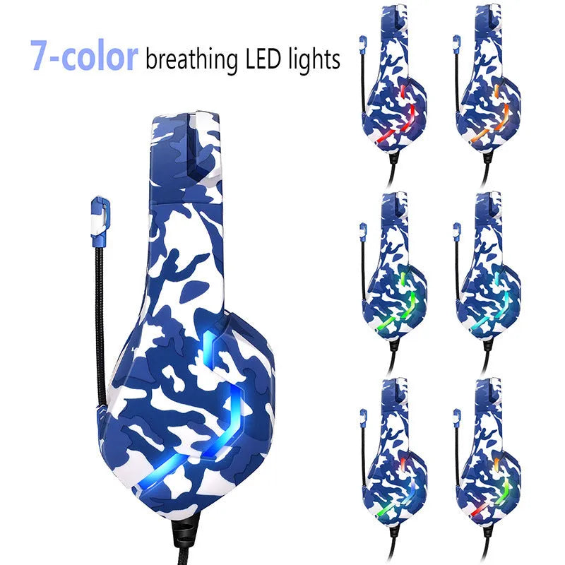 Wired gaming headset with cloth earmuffs and braided cable in camouflage blue or white colour options