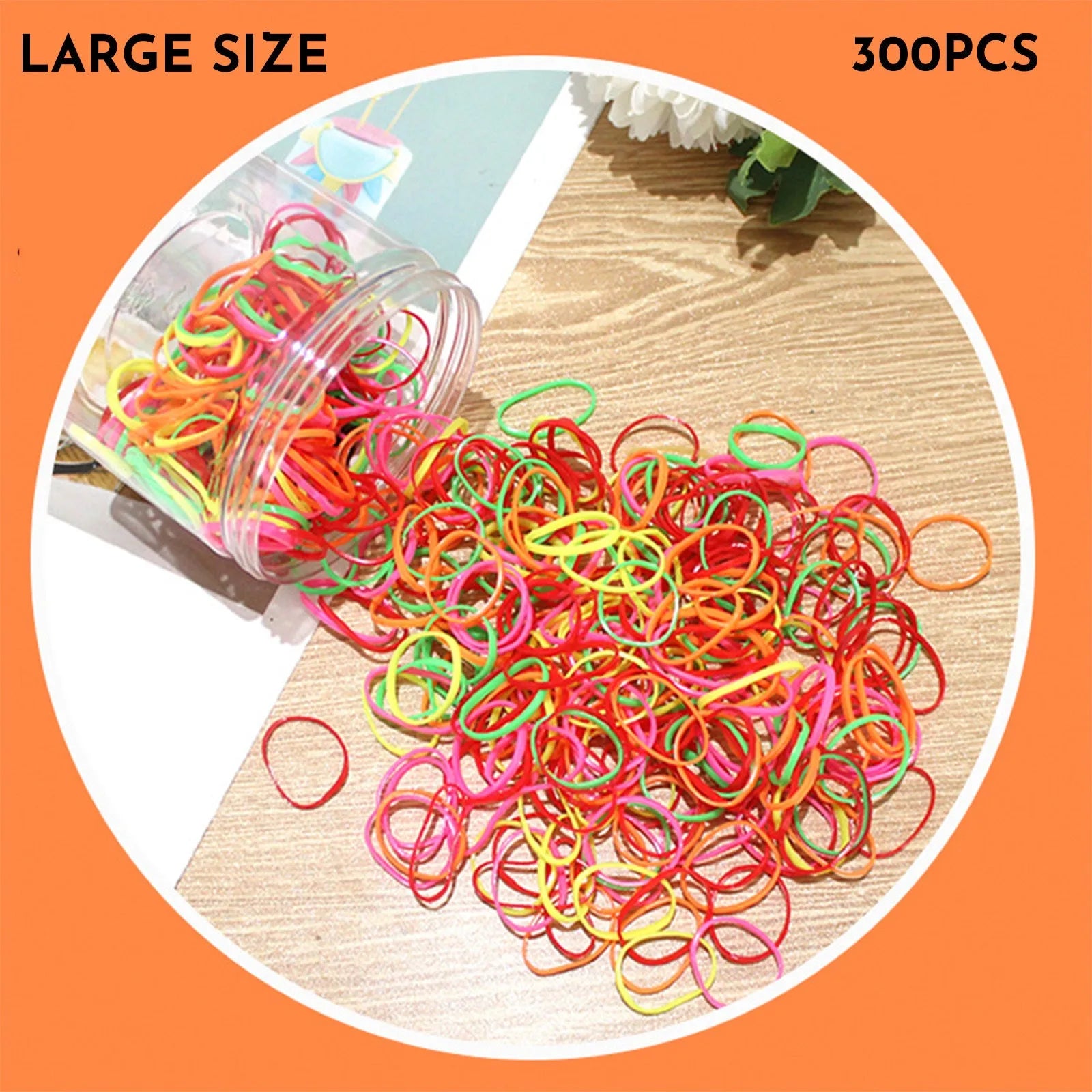 Multicoloured TPU baby hair ties in a reusable plastic container, pack of 300 or 600.