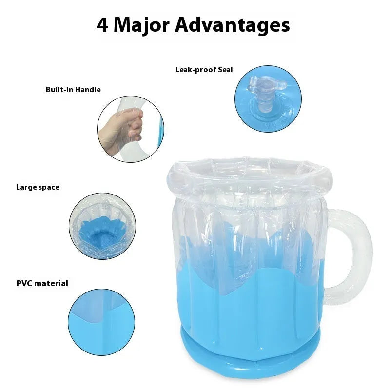 Yellow inflatable PVC ice bucket for beer steins, showing 30cm height and 25cm diameter when inflated