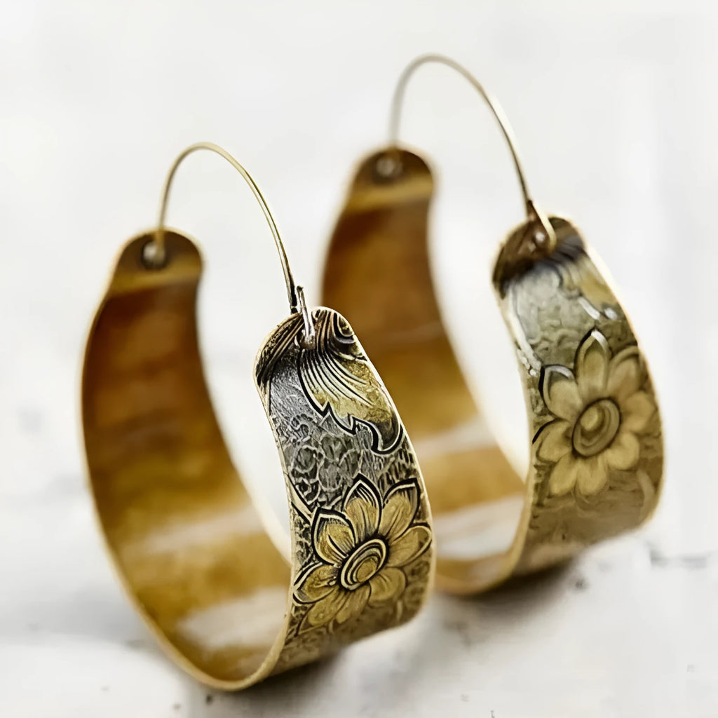 Gold geometric earrings with hollow petal pattern design for women