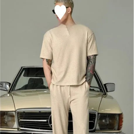 Men's beige cotton lapel short-sleeved T-shirt and trousers suit, casual summer two-piece set for elderly men