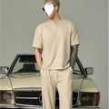 Men's beige cotton lapel short-sleeved T-shirt and trousers suit, casual summer two-piece set for elderly men