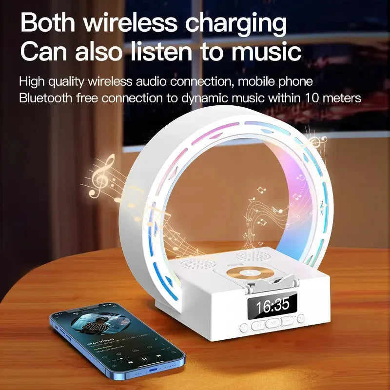 4-in-1 wireless Bluetooth speaker charging pad bedside lamp with digital alarm clock in black or white colour