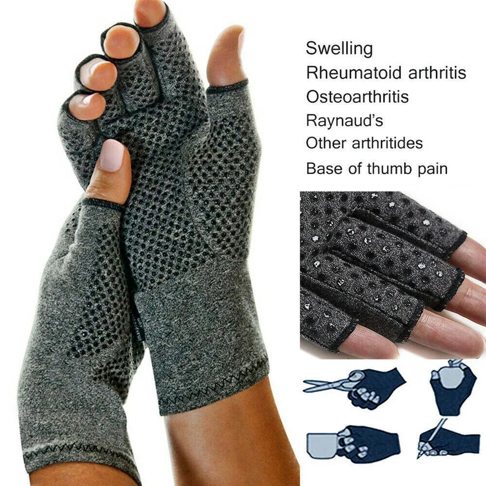 Gray joint compression gloves with anti-slip silicone grips and half-finger design for arthritis support