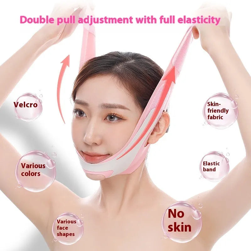 Adjustable elastic V face bandage for facial support in pink and black colours with far infrared option