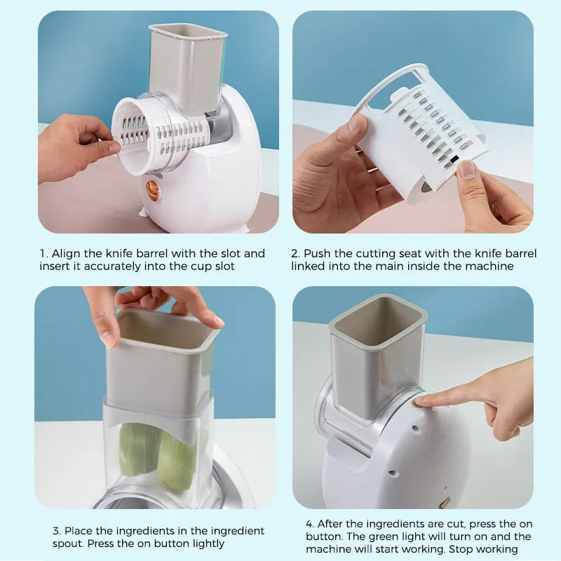 White electric vegetable slicer with interchangeable blades and suction base on a kitchen counter